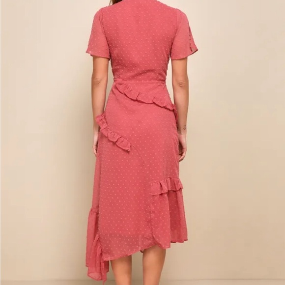 Lulu's Pink Asymmetrical Ruffled Wrap Midi Dress - Picture 3 of 6